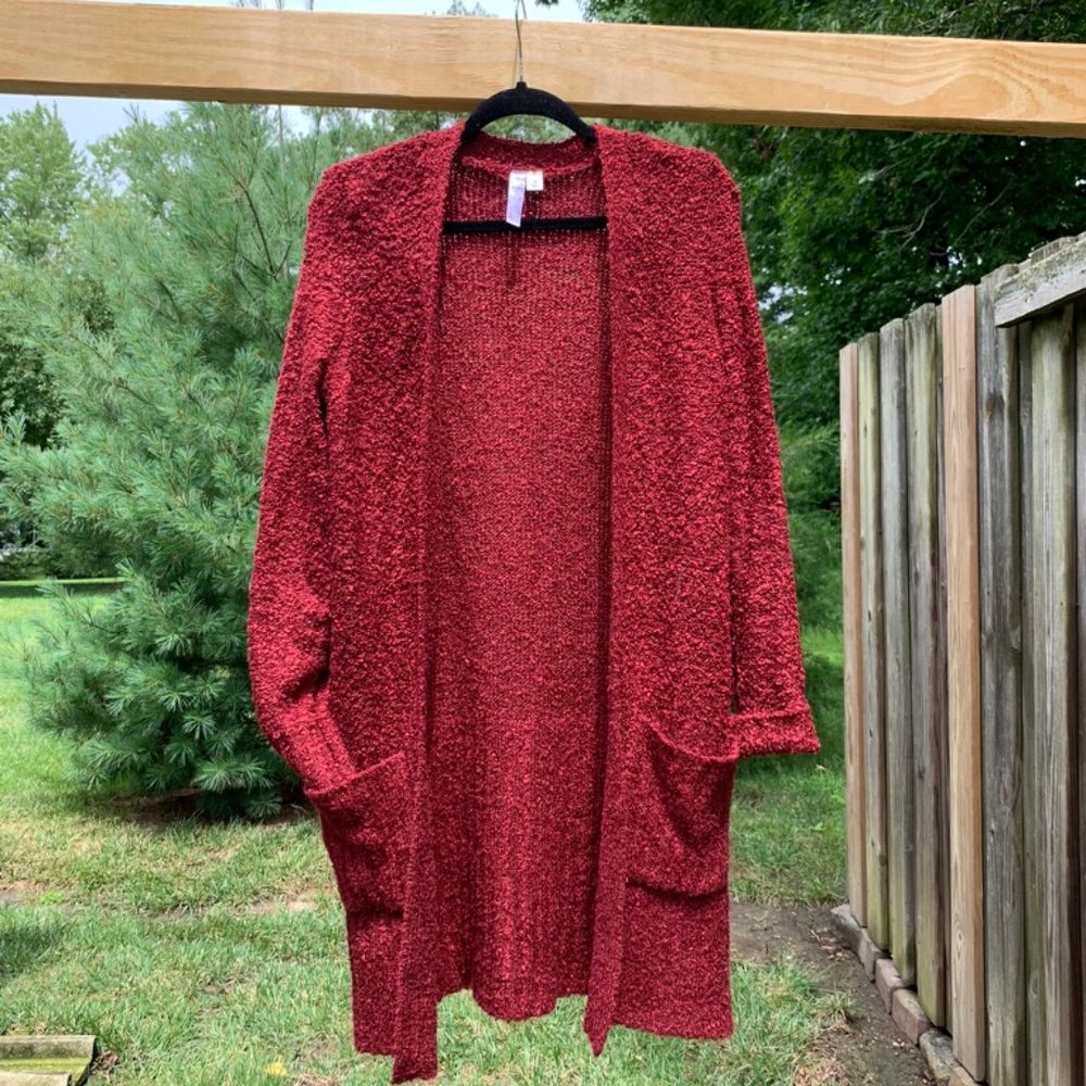Francesca's Alya Wine Open Long Pocket Cardigan